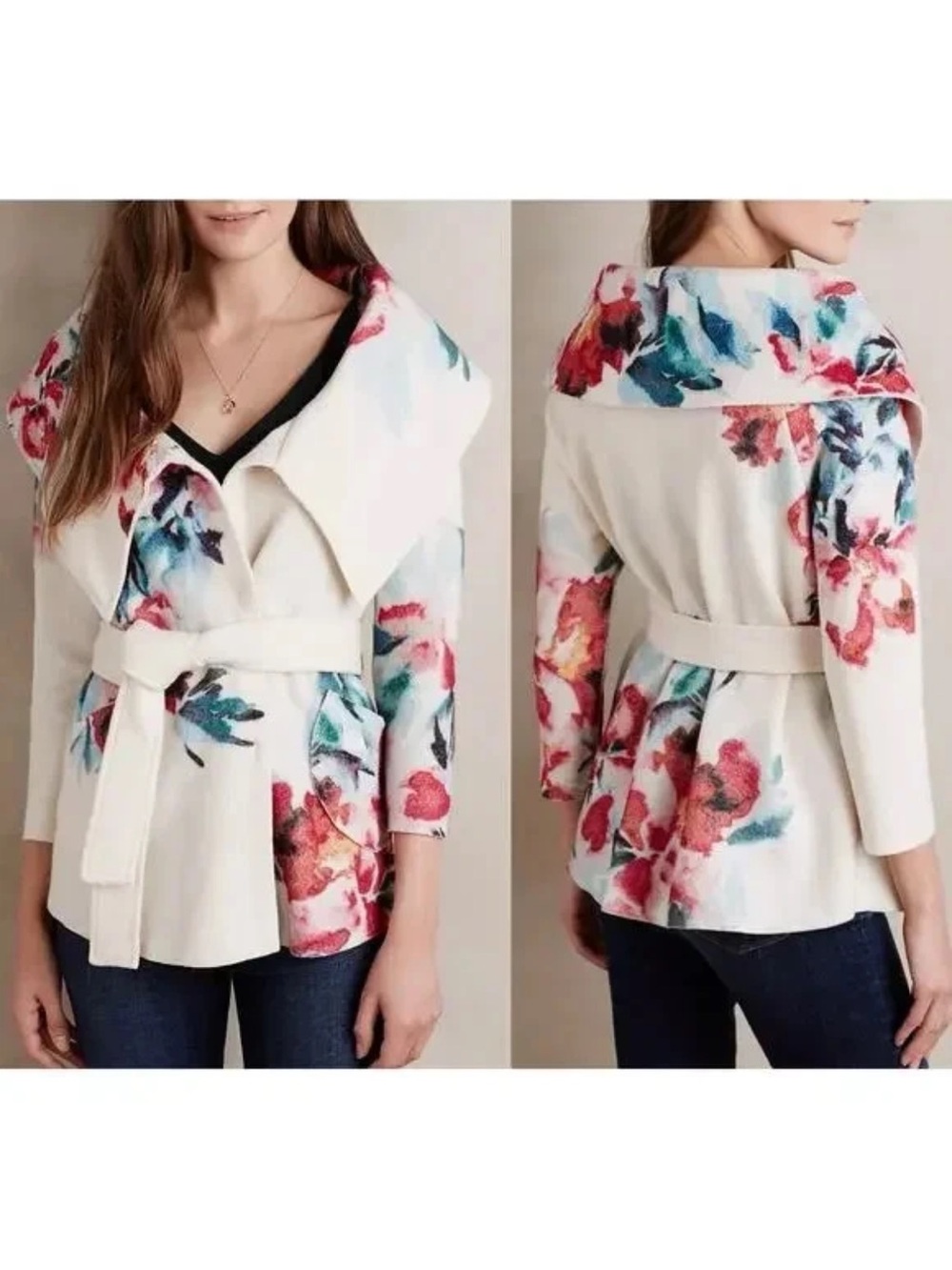 Anthropologie Sleeping On Snow Floral Blossom Boiled Wool Jacket Sz L *Holes*